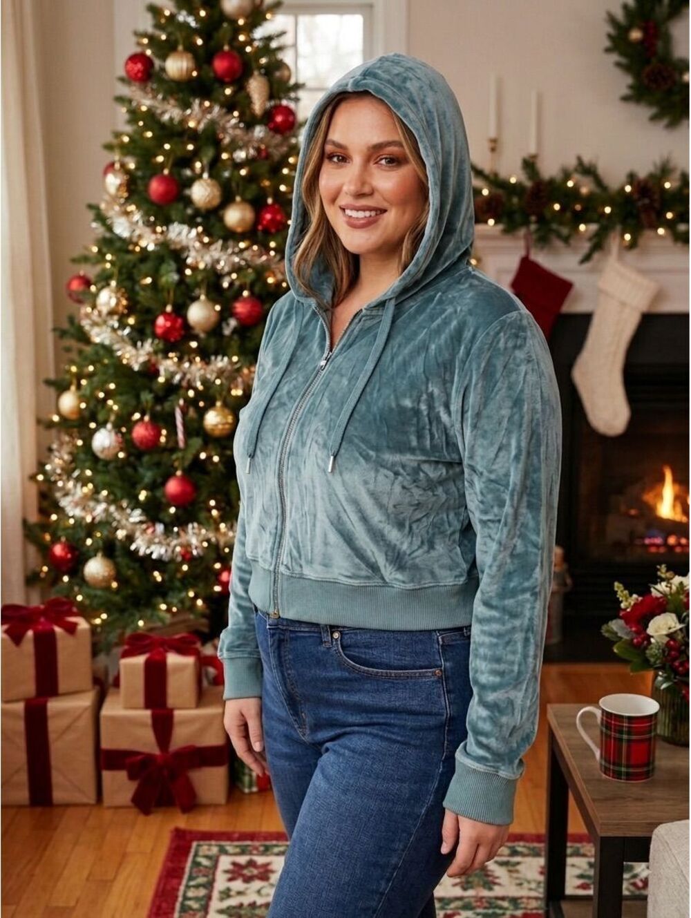 EUC Aerie Women’s Large Green Velvet Velour Zip Up Holidays Christmas Crop